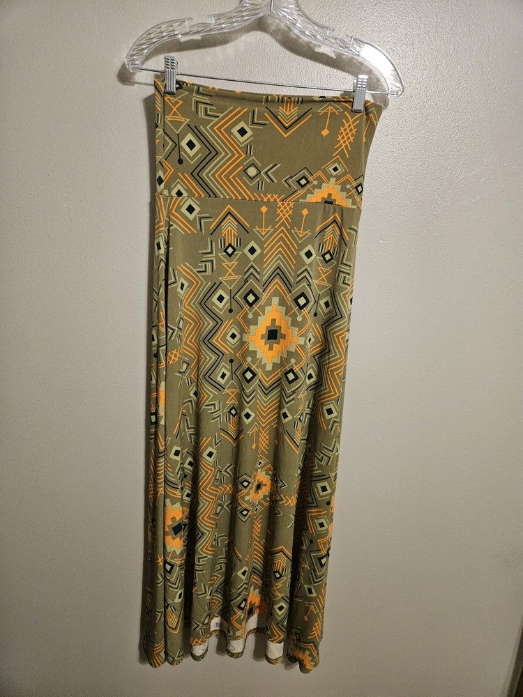 LulaRoe Womens Maxi Skirt Green And Orange Aztec Flowy Stretch Size XS