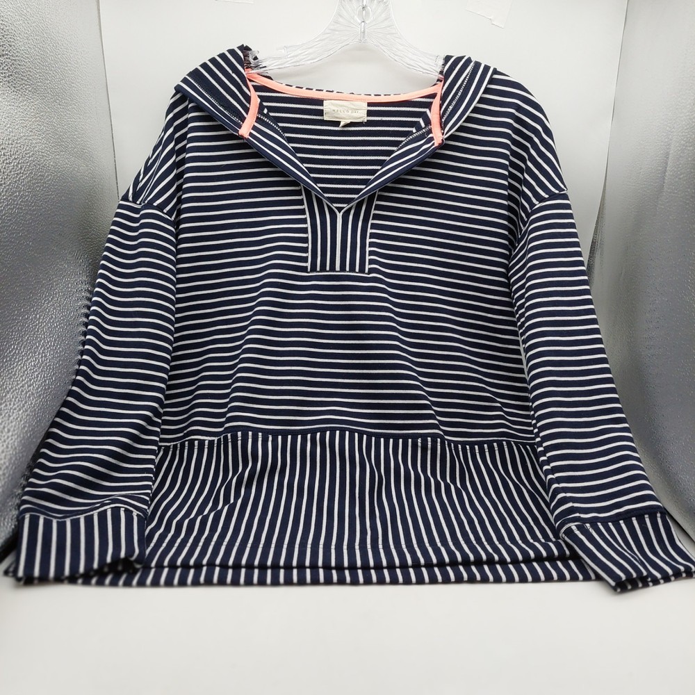 Mello Day Shirt Size Small Navy White Striped Hooded Front Pockets Anthropologie