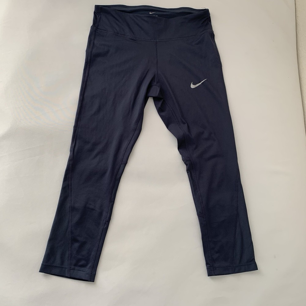 Nike Leggings Women M Dri-Fit Capri Dark Blue Drawstring Stretch Athletic Gym