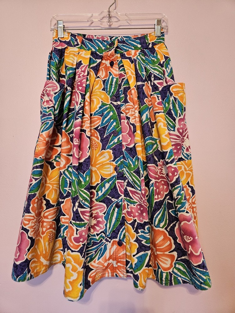 Size 10 Vintage LizClaiborne Tropical 90's Midi Skirt Pleated Pockets 27