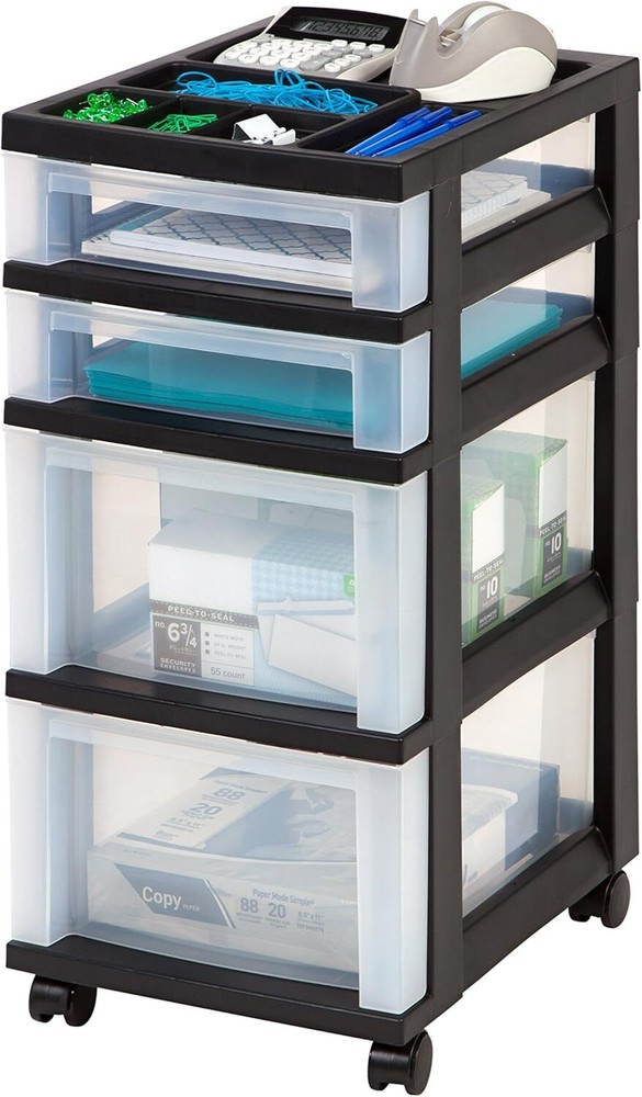 Plastic Drawer Storage Organizer Rolling Cart, 4-Drawers Black/Clear