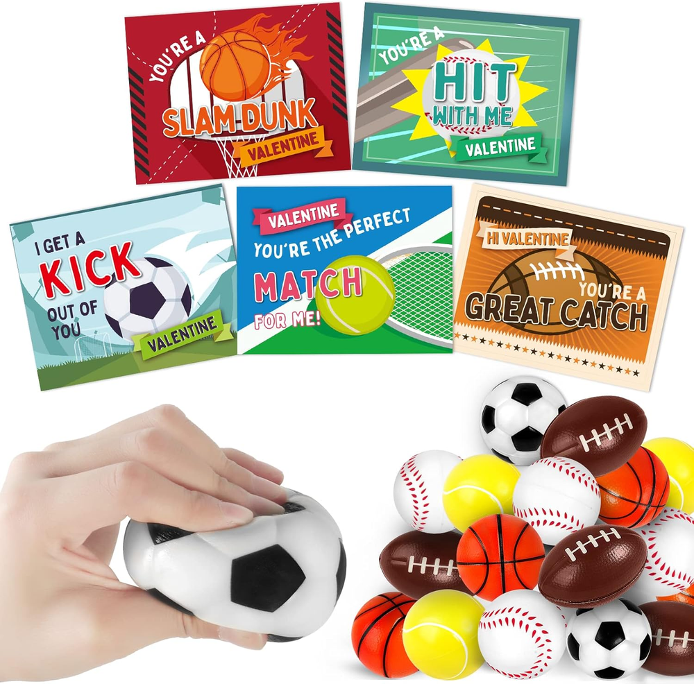 30 Pack Kids Valentine's Day Cards with Mini Sports Balls for Classroom Exchange