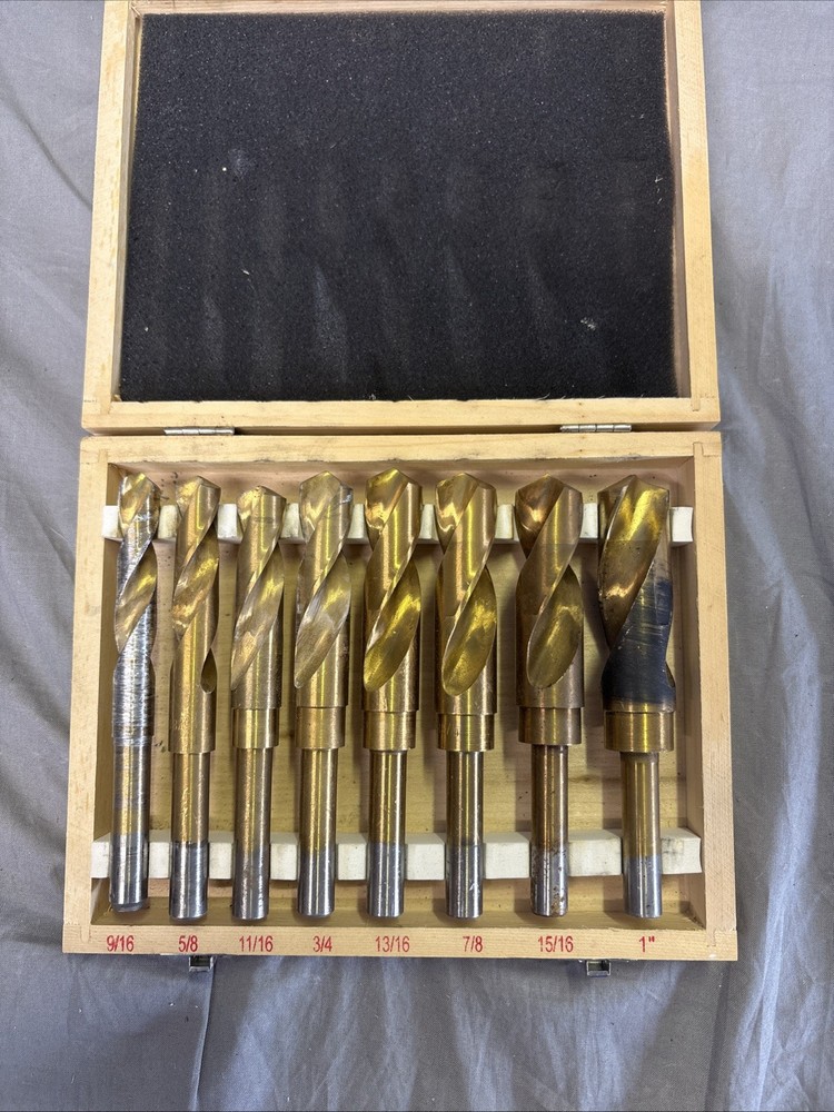8 Piece 1/2 Inch Shank High Speed Steel Drill Bit Set w/ Wood Case- 9/16-1 Inch
