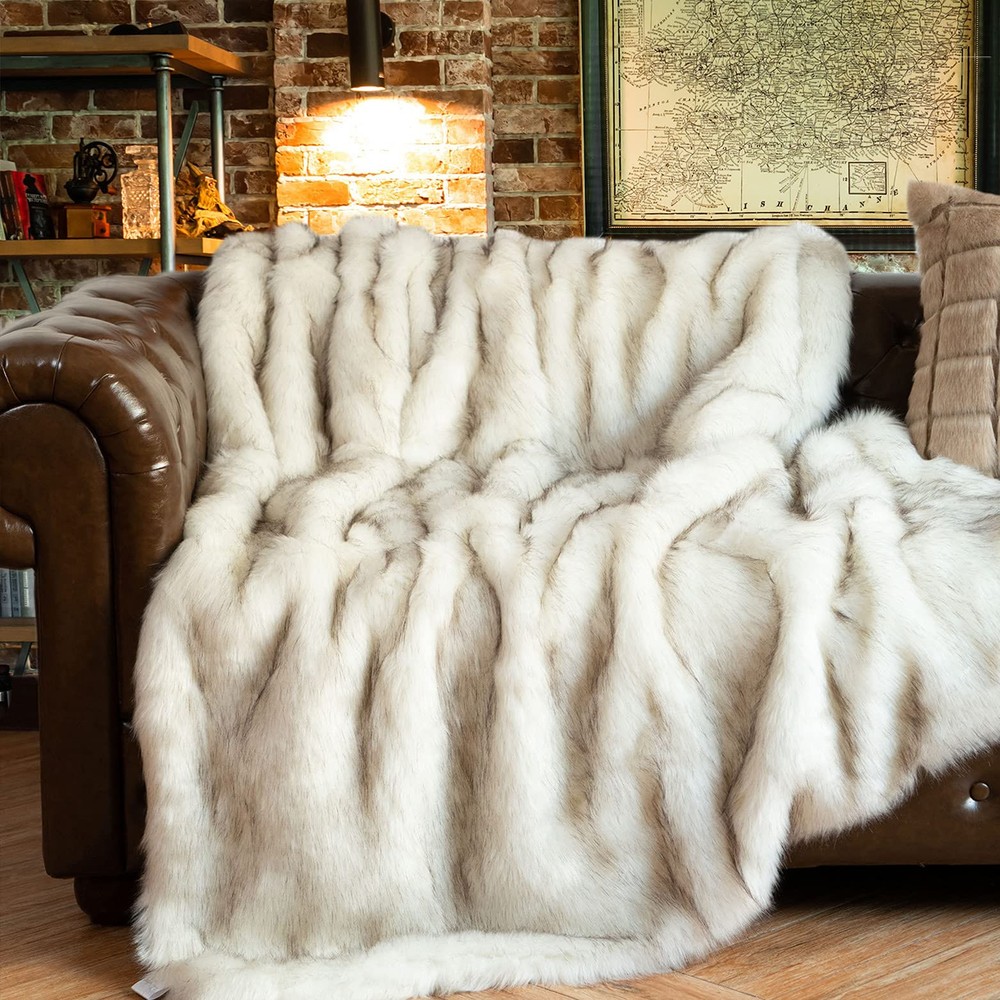 Luxury White Faux Fur Throw Blanket Long Pile with Black Tips, 51