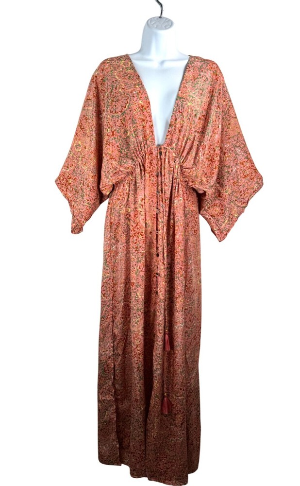 Revolve RAGA floral print deep plunge neck kimono sleeve maxi satin dress pink s