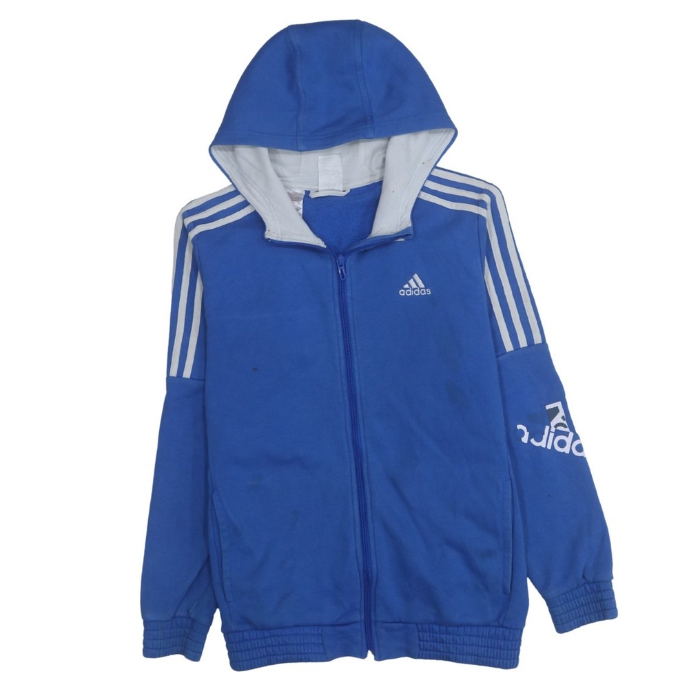 Adidas Womens Hoodie Blue Fleece Full Zip Three Stripe Logo Track Jacket Top L