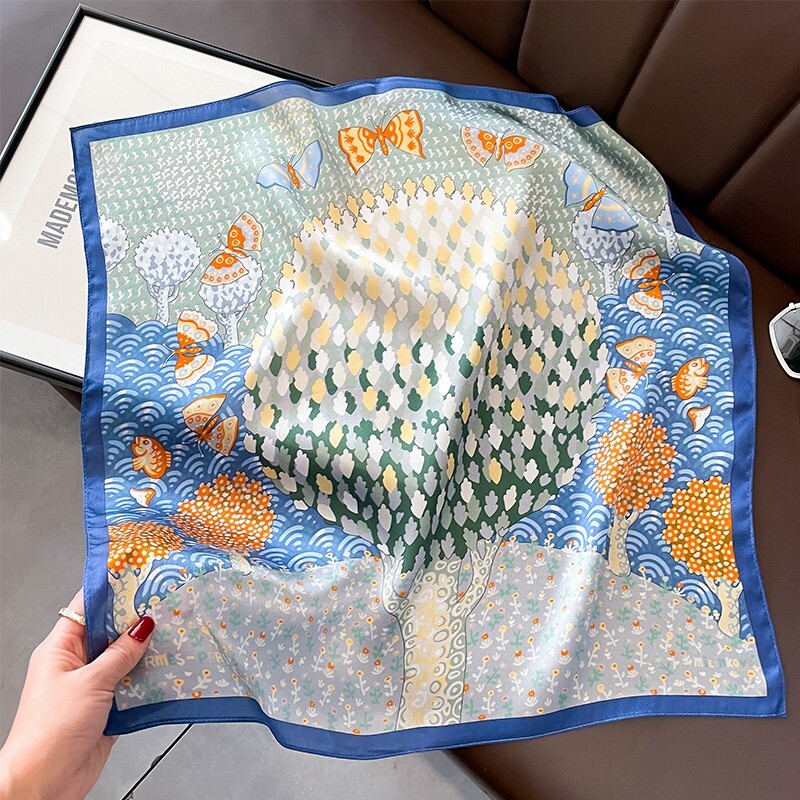 100% Silk Scarf Women Fashion Desing Trees Kerchief Square Bandana Wrap 53*53cm