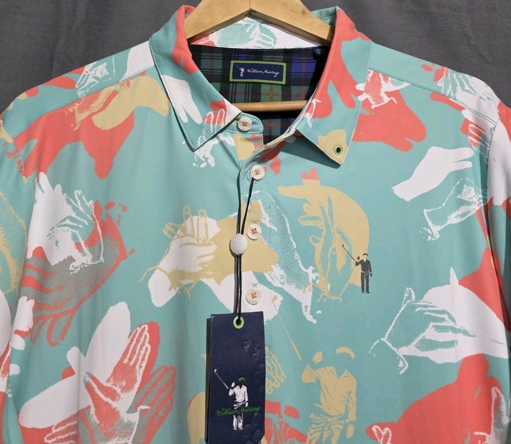 William Murray Shirt Men L Happy Hands Club Colorful Print Stretch Golf Polo NEW