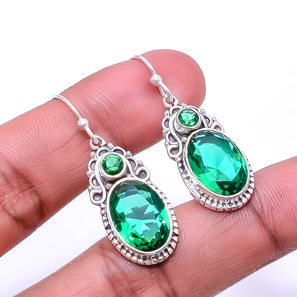 Emerald Simulated Gemstone 925 Sterling Silver Bali Earrings 1.56 Inch