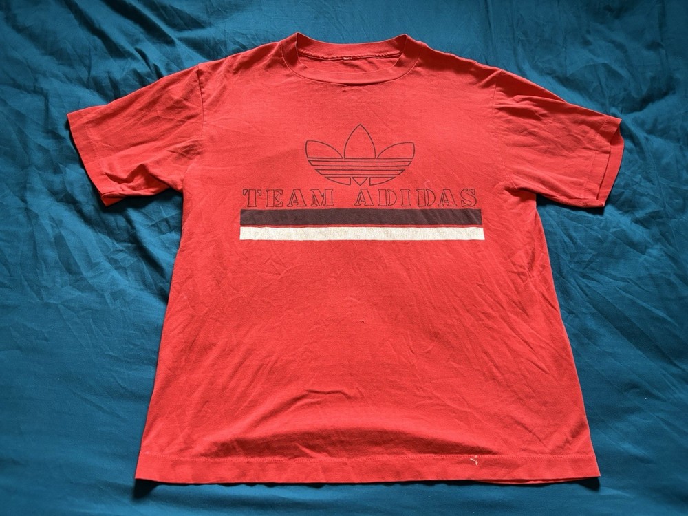 Vintage Adidas Shirt Mens Medium Red Trefoil Team 80s Single Stitch Double Sided