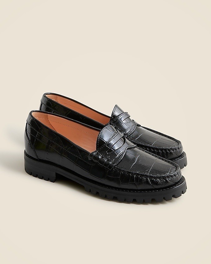 J.Crew Winona Croc-Embossed Leather Lug-Sole Penny Loafers in Black Size 7