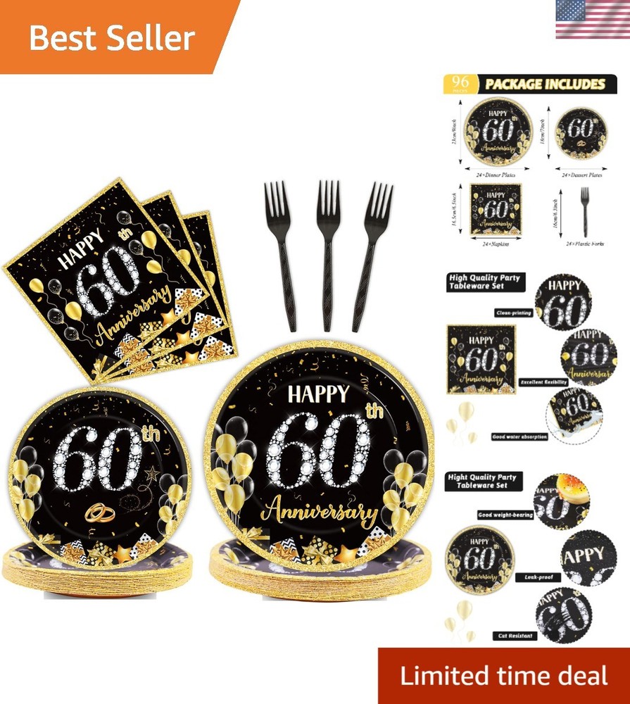 60th Anniversary Plates & Napkins Set - 96 Count Stylish Party Supplies