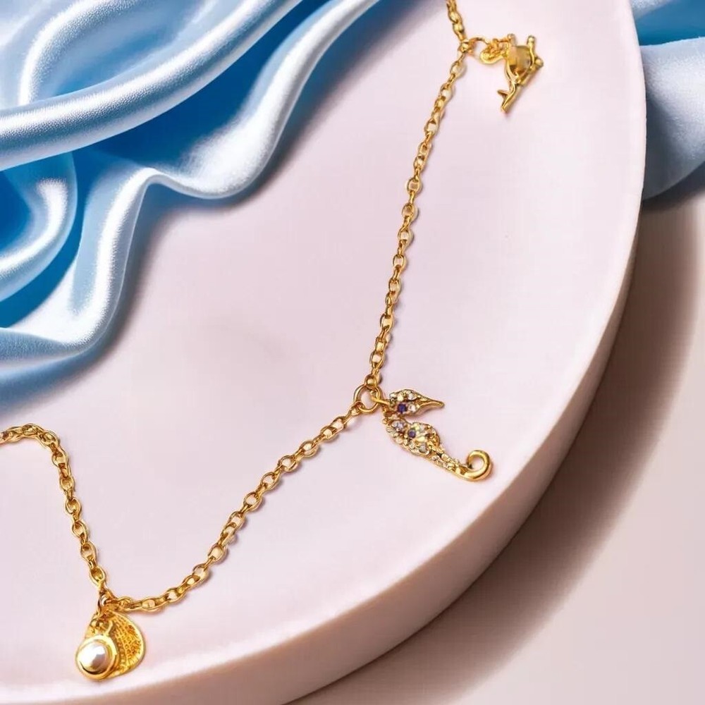 Gold Beach Charm Necklace, Unique Sea Charms Design, Stylish Gold Jewellery