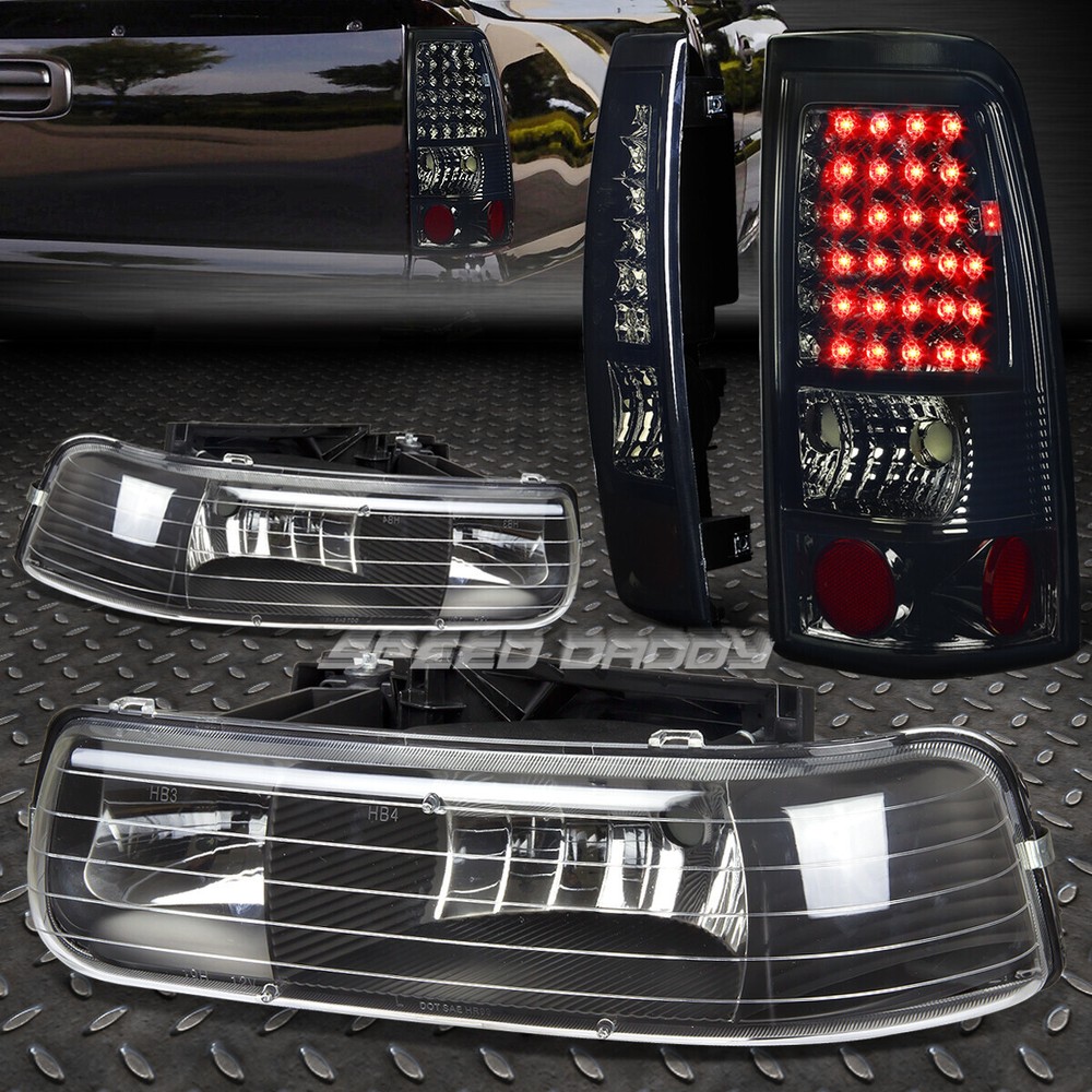 BLACK CRYSTAL HEADLIGHT+CHROME SMOKED LED TAIL LIGHT FOR 99-02 CHEVY SILVERADO