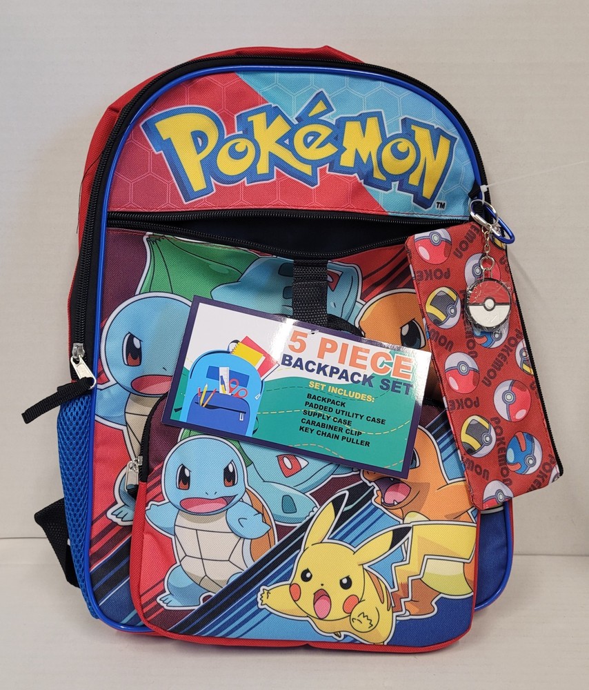 Large Backpack Pokemon Team 5pcs Utility Pencil Case Lunch Bag Key Chain 16