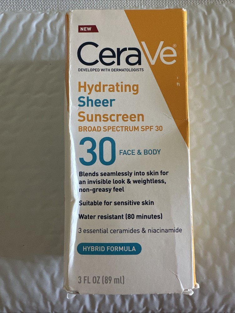 CeraVe Hydrating Sheer SPF 30 Sunscreen for Face & Body 3 fl oz New Exp 09/26