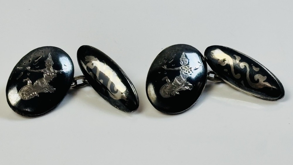 Siam Sterling Silver Niello Cufflinks Mekkala Goddess Dancer Vintage 1940s Thai Art Deco Jewelry