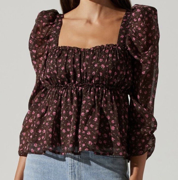 ASTR The Label Puff Sleeve Babydoll Top Size XL Brown Pink Ditsy Floral NWT