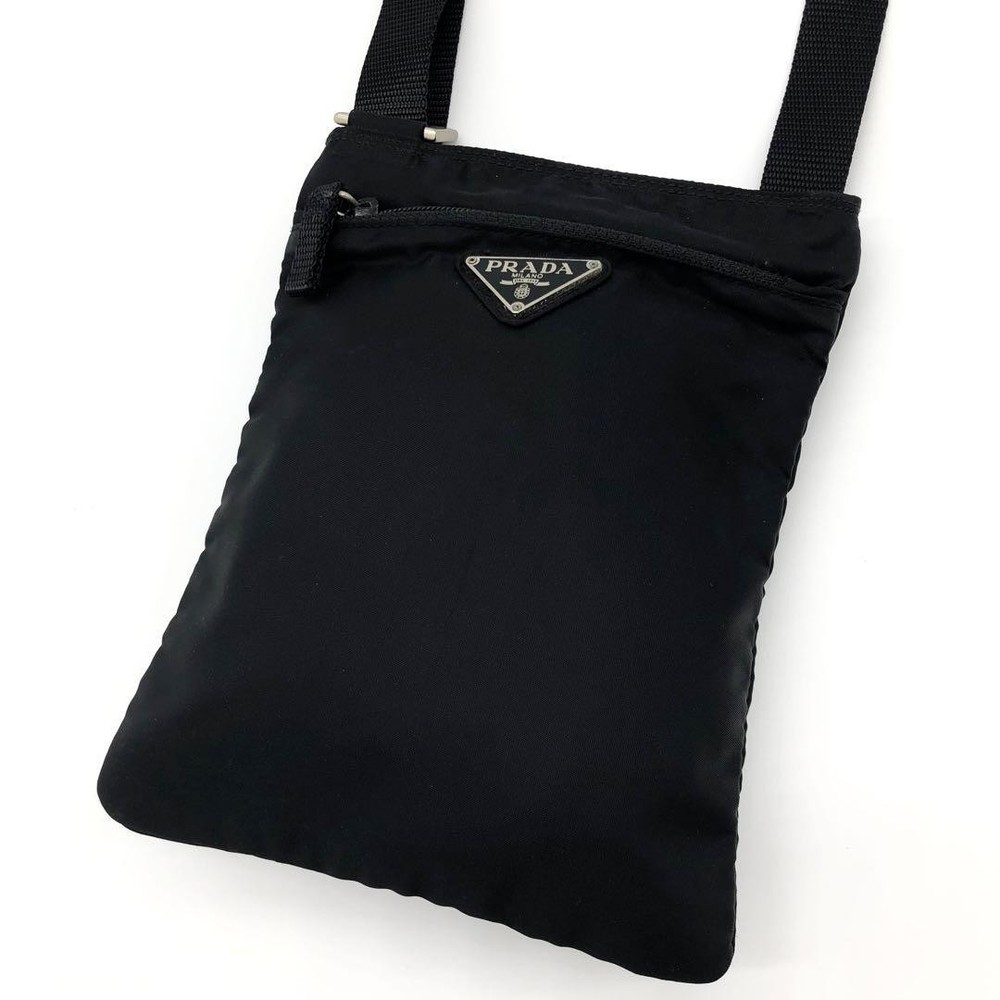 PRADA Nylon & Leather Shoulder Bag with Triangle Logo in Black Rare Excellent Condition