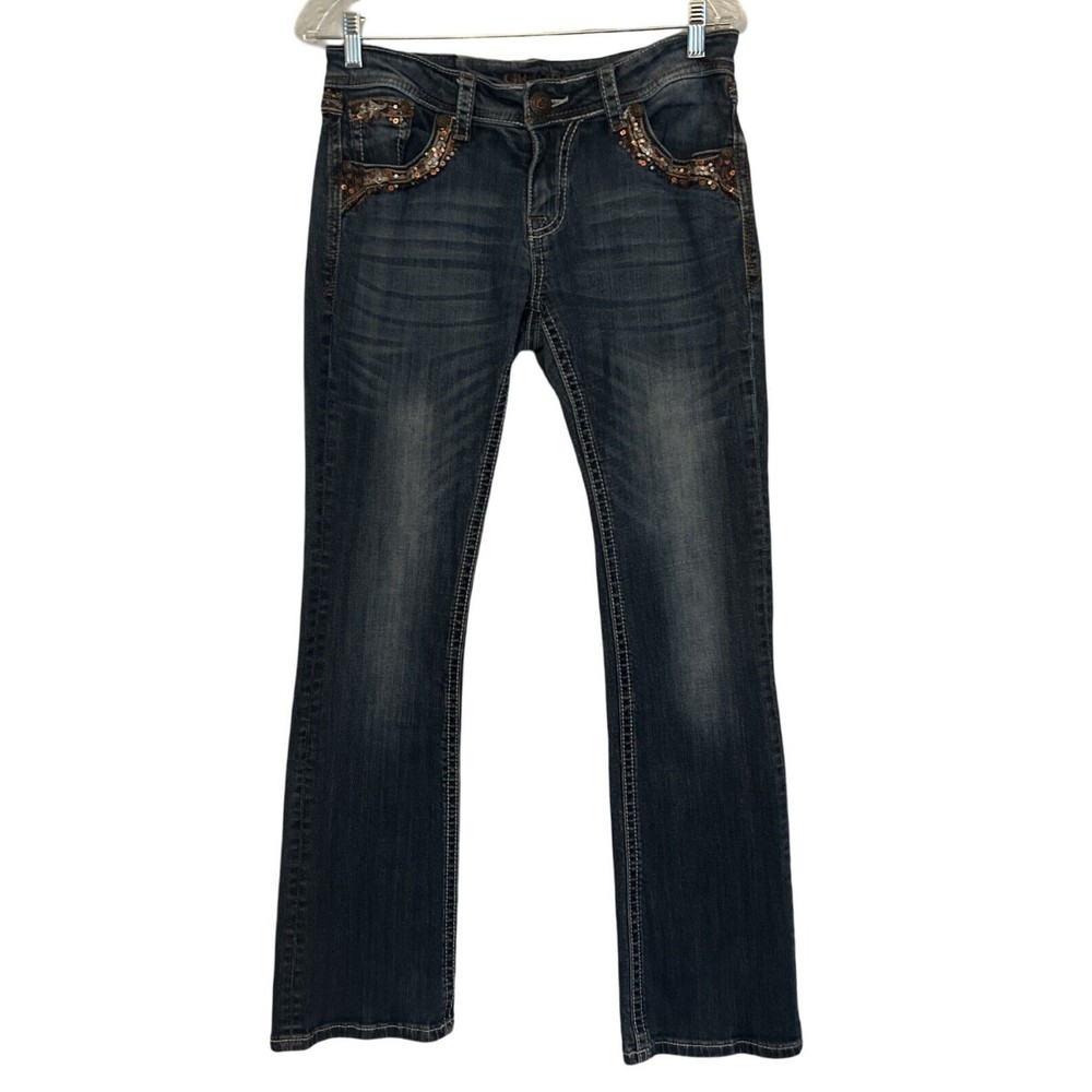 Grace in LA Women's Dark Wash Bootcut Jeans with Sequin Embroidered Details Size 30 Mid Rise