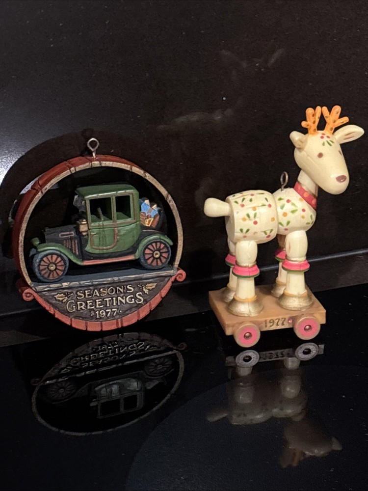 Vintage Ornaments 1977 Hallmark Cards Plastic 3” Antique Car & Deer