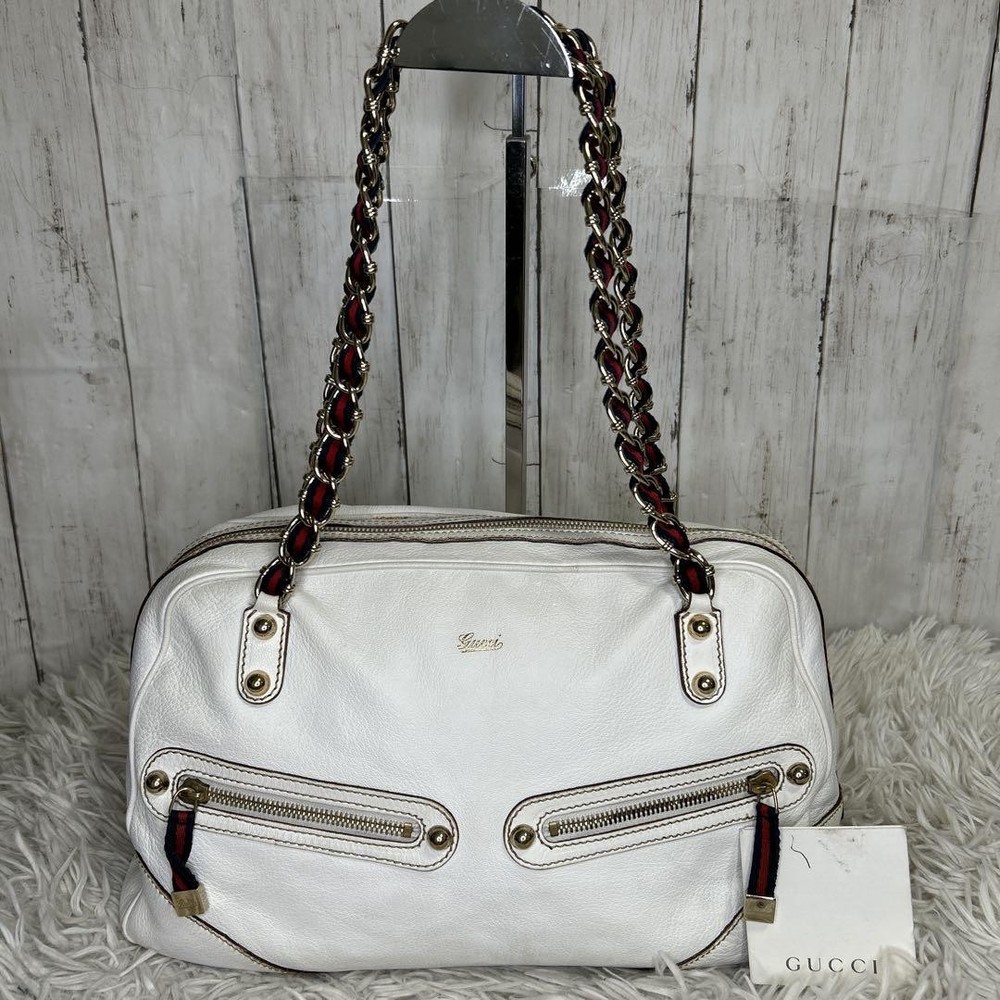 Gucci White Leather Chain Shoulder Bag Sherry Line Logo Used