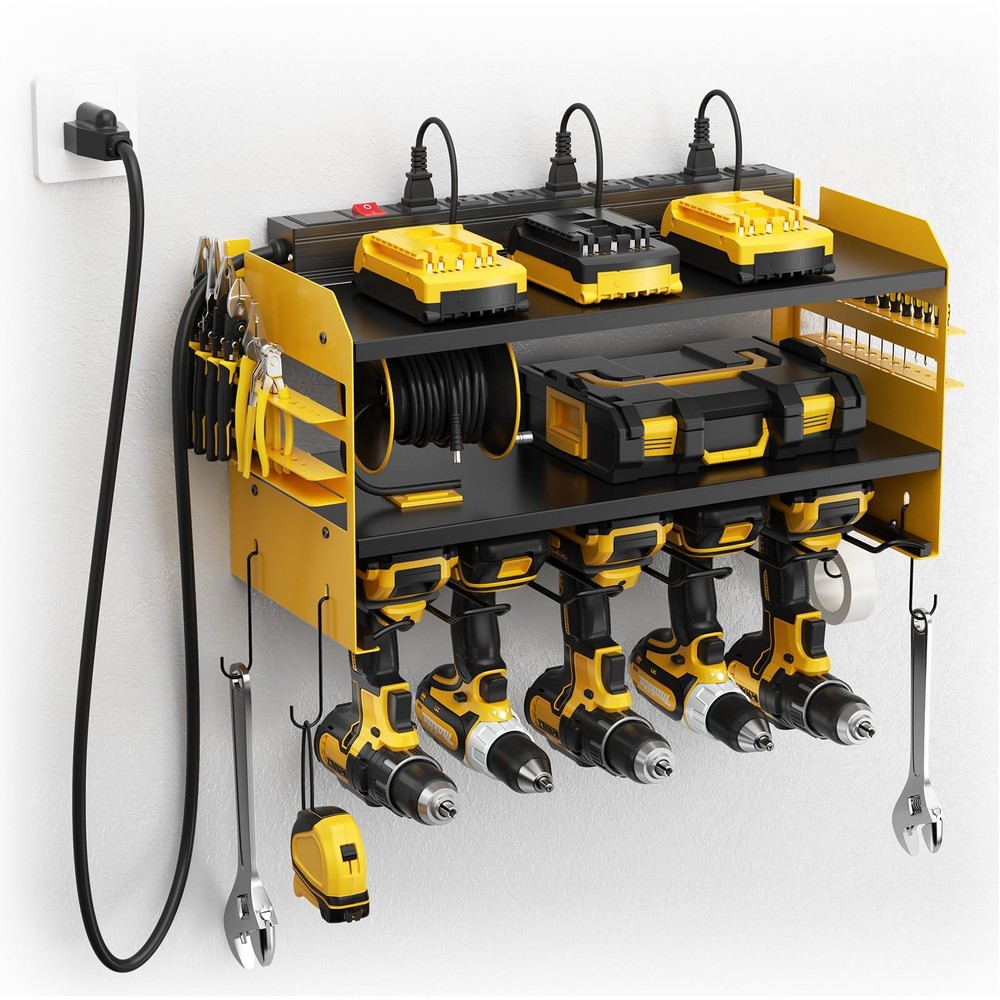 Wall-Mounted Power Tool Organizer with Charging Station for Garage Drills