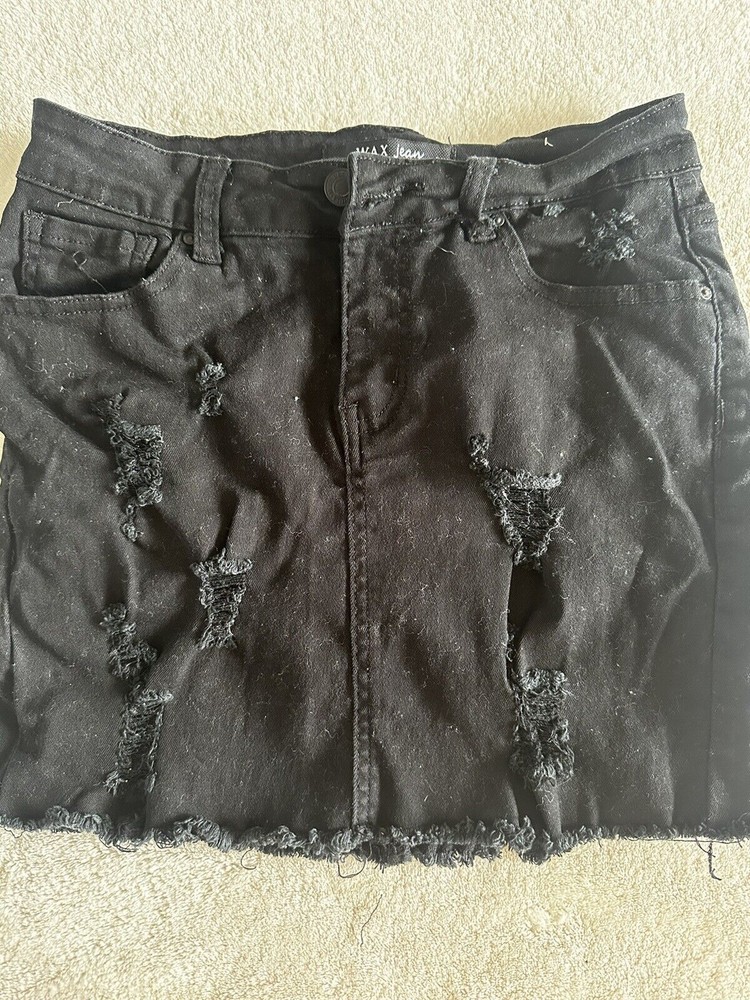 Wax Jean Black Distressed Denim Mini Skirt with Frayed Hem and Pockets