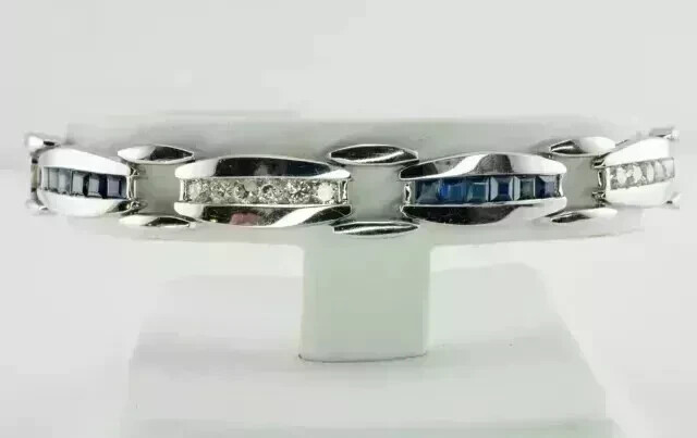 14K White Gold Plated 7” Women’s Bracelet with Lab-Created Princess Blue Sapphire