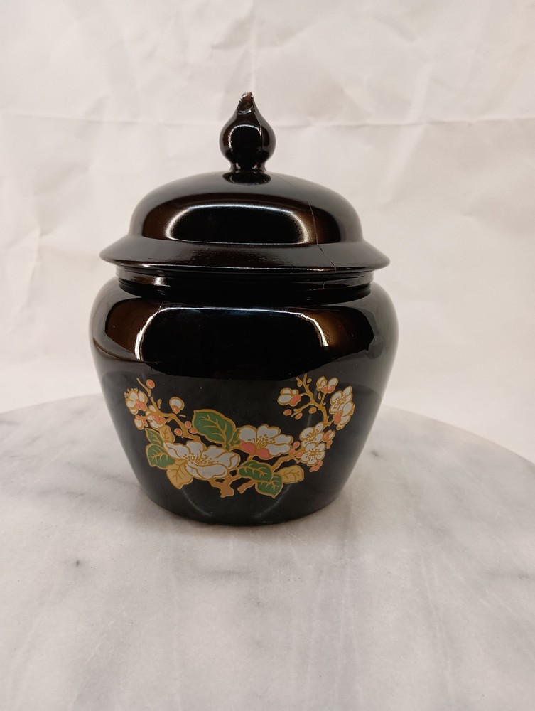 Vintage 1970s Avon Floral Black Glass Ginger Jar Lidded Bowl Covered Dish