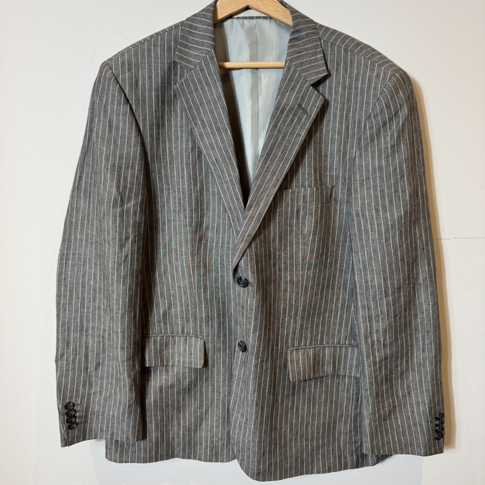 M&S Collezione 100% Pure Linen Blazer 42S Grey Pinstripe Italian Fabric Jacket