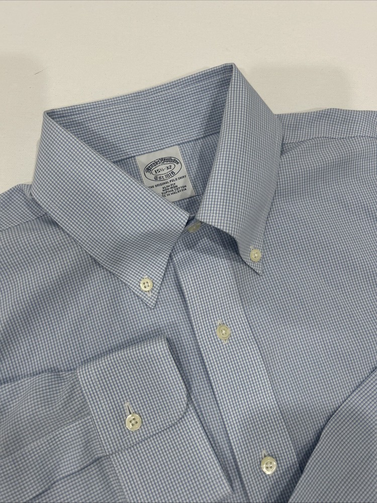 Brooks Brothers Dress Shirt 15.5 32 The Original Polo Gingham Blue White Supima
