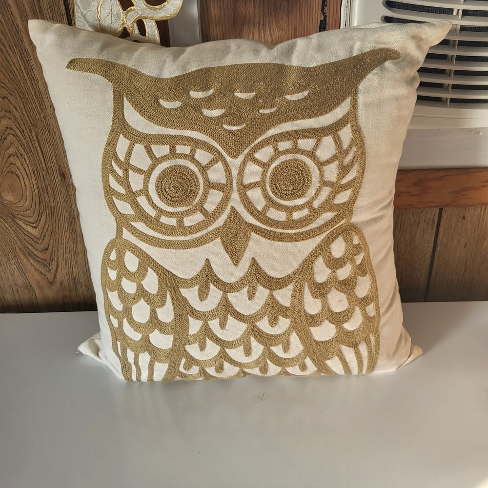 Embroidered Winter Owl Linen Pillow Cover 17x17 Tan Cotton