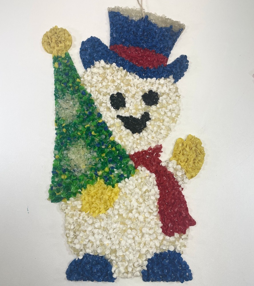 Vintage Melted Plastic Popcorn Snowman with Christmas Tree Wall Hanging 18