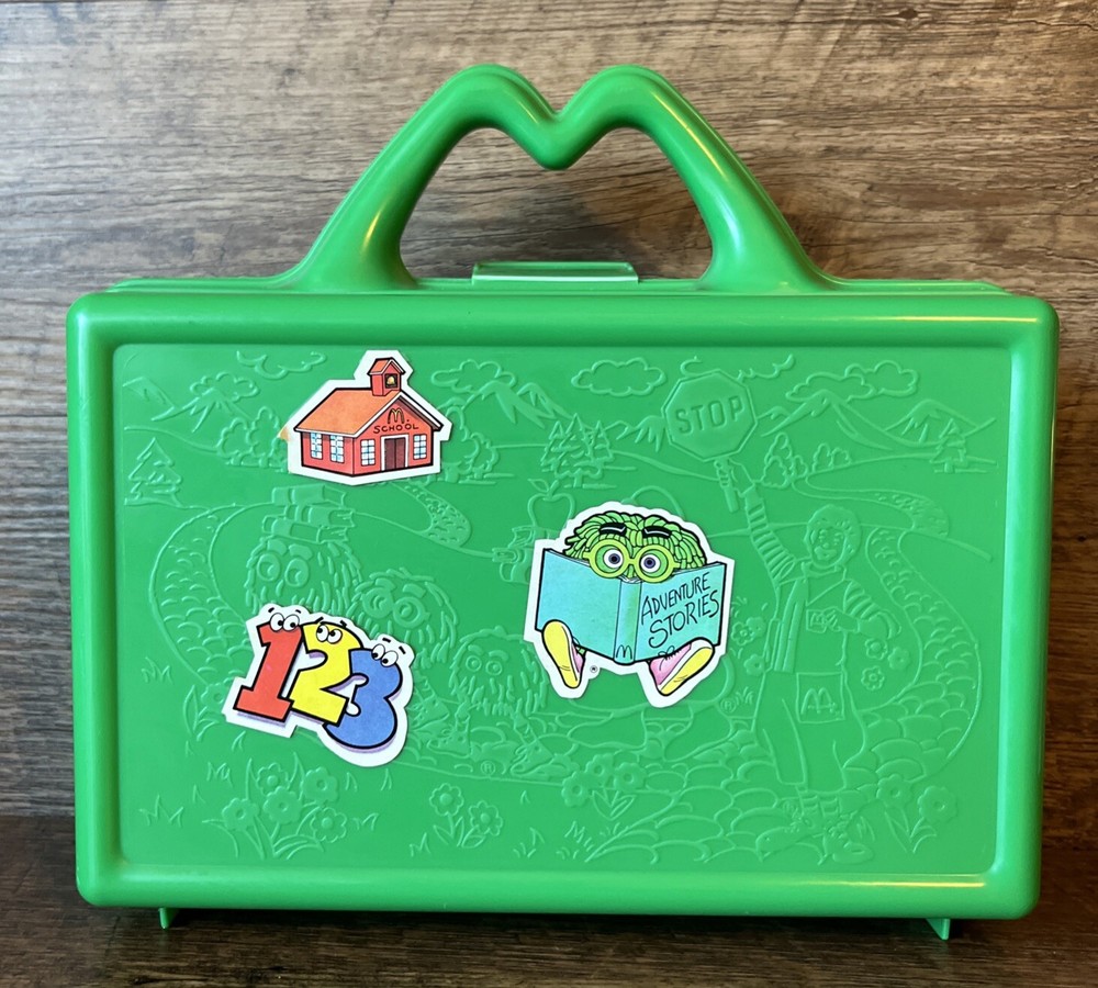 Vintage 1988 McDONALDS Green Happy Meal On the Go Lunch Box Pencil Case Stickers