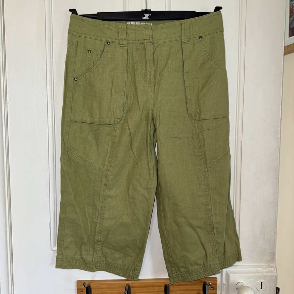 PRINCIPLES PETITE Green Linen Cropped Summer Trousers, Size 10