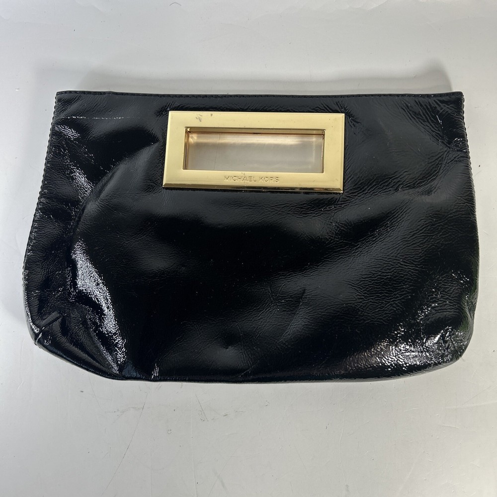 Michael Kors Berkley Black Patent Leather Gold Hardware Rectangle Clutch Purse