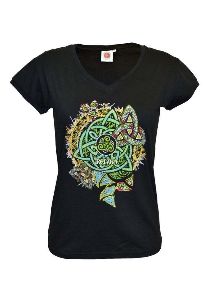 New Ireland Celtic Knot Irish Women V-Neck T-Shirt Black Med The Cliffs Of Moher