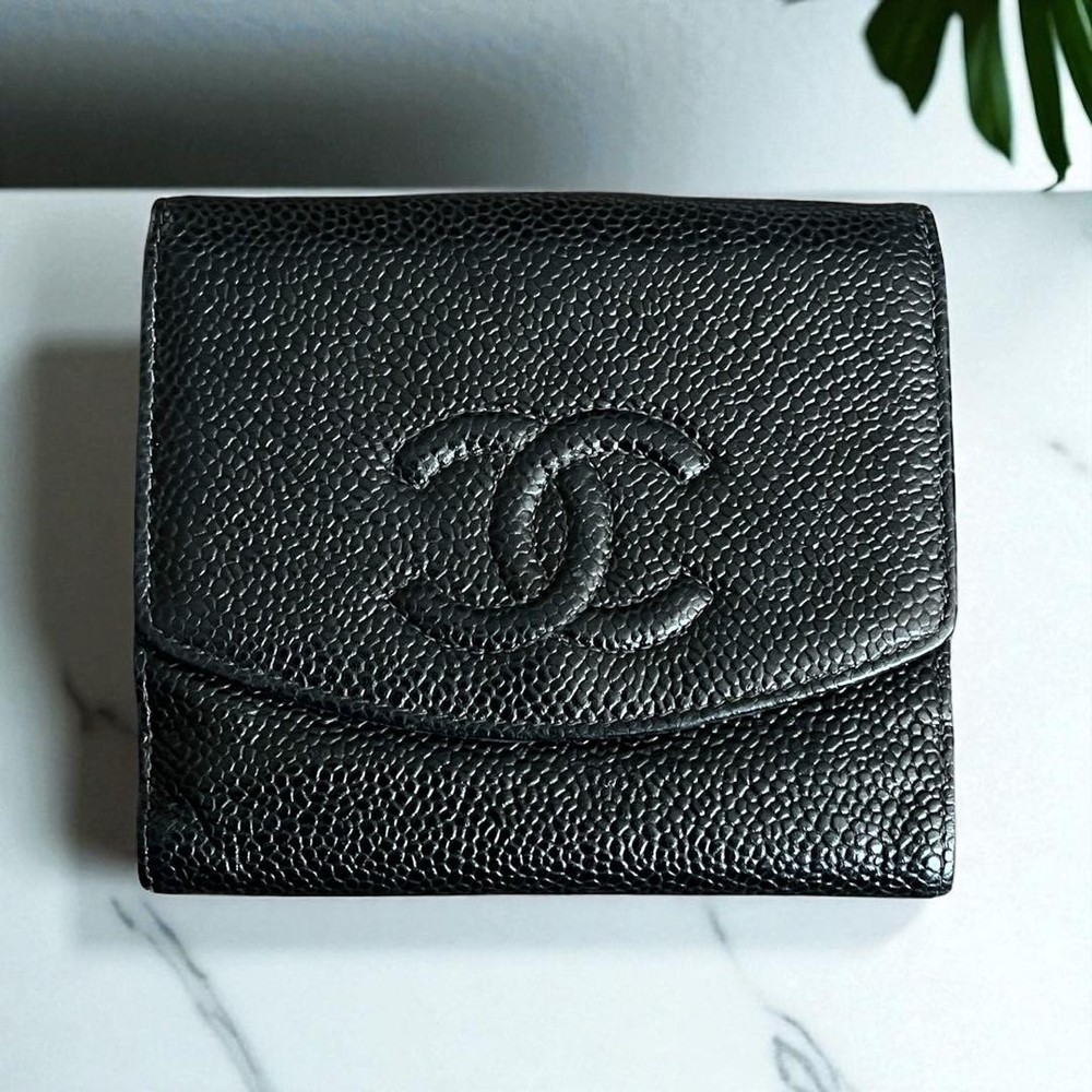Chanel Black Caviar Leather Tri-Fold Compact Wallet Pre-Owned