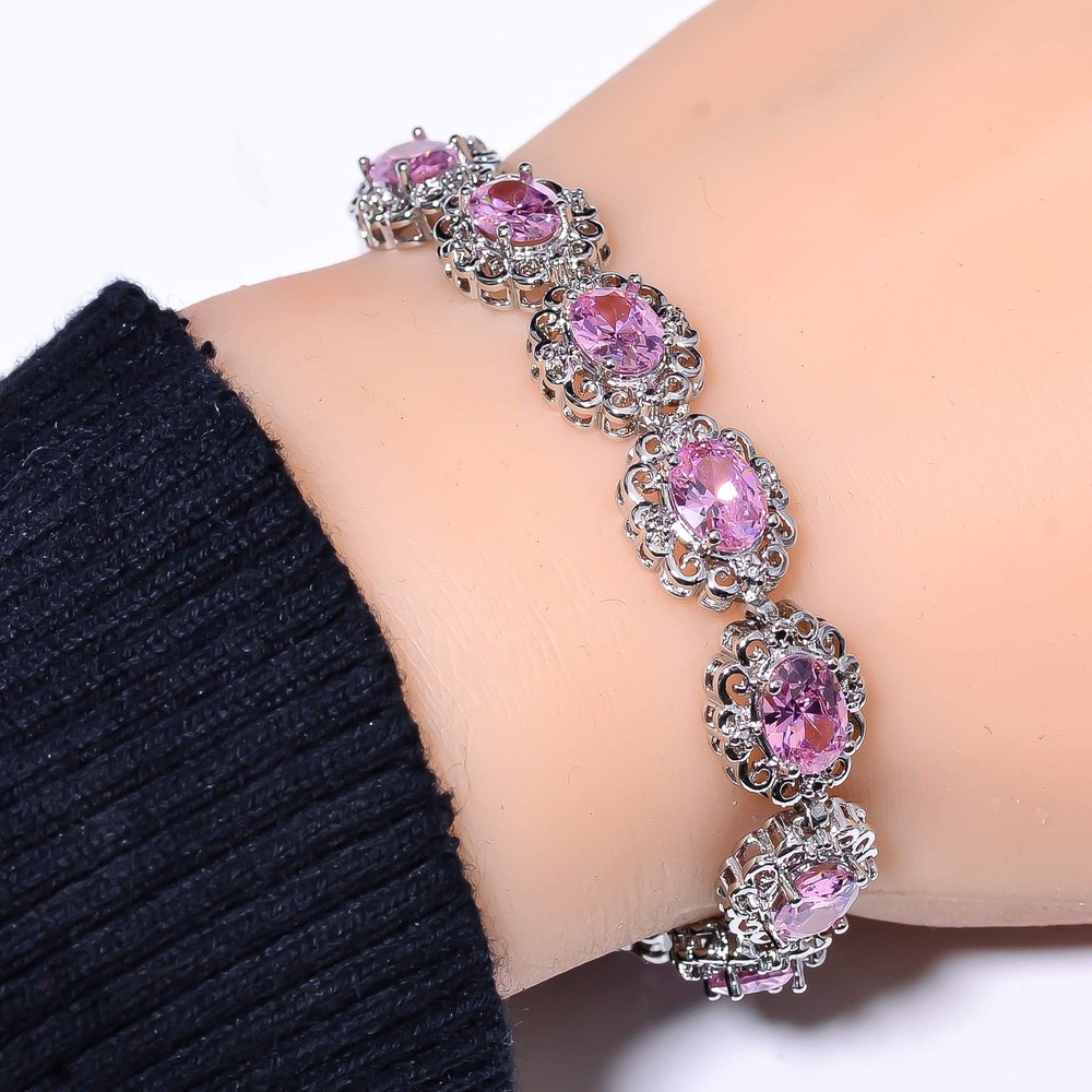 Pink Sapphire & CZ Simulated 925 Sterling Silver Tennis Bracelet 7.99