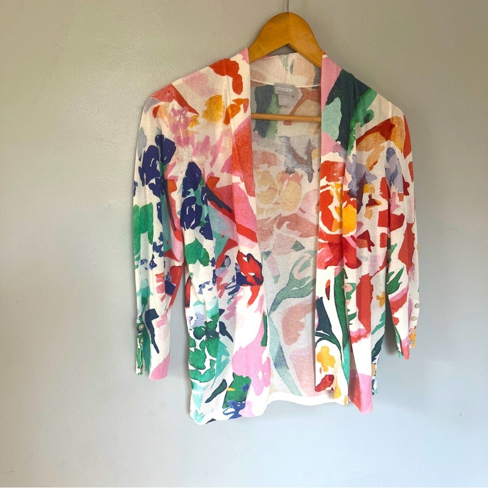 Chicos Floral Open Cardigan The Perfect Cardi in White and Orange Size Small  