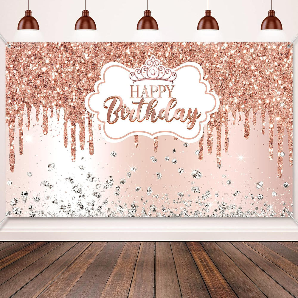 Rose Gold Glitter Happy Birthday Backdrop Banner for Women Celebration