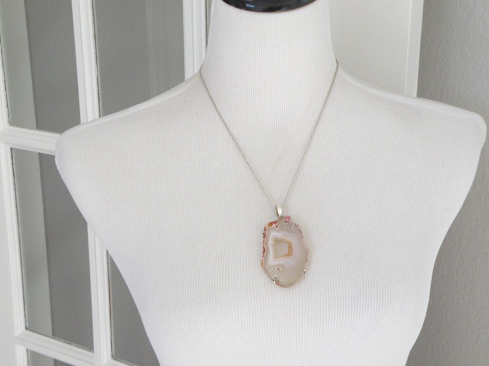 Vintage Sterling Silver 925 Large Geode Crystal Slab Pendant Necklace