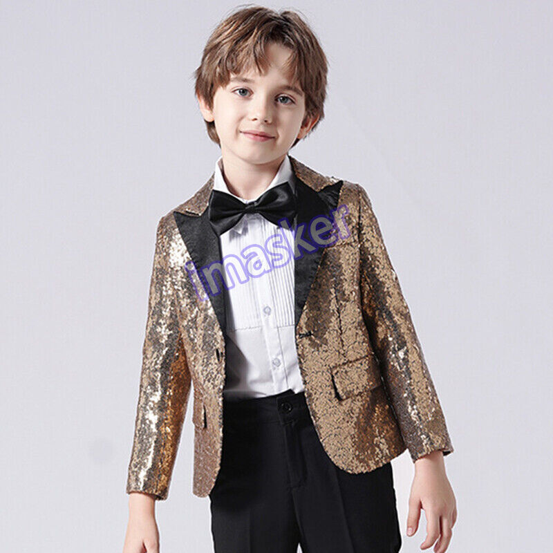 Boys Kids Sequin Suits Jacket Blazer Coat Piano Show Presenter Fancy Dress Cute