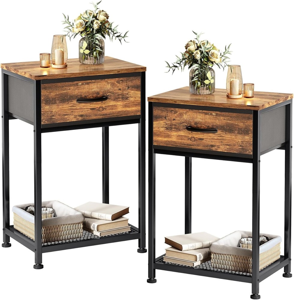 Kitstorack 2-Piece Rustic Brown Night Stands with Drawer Storage  