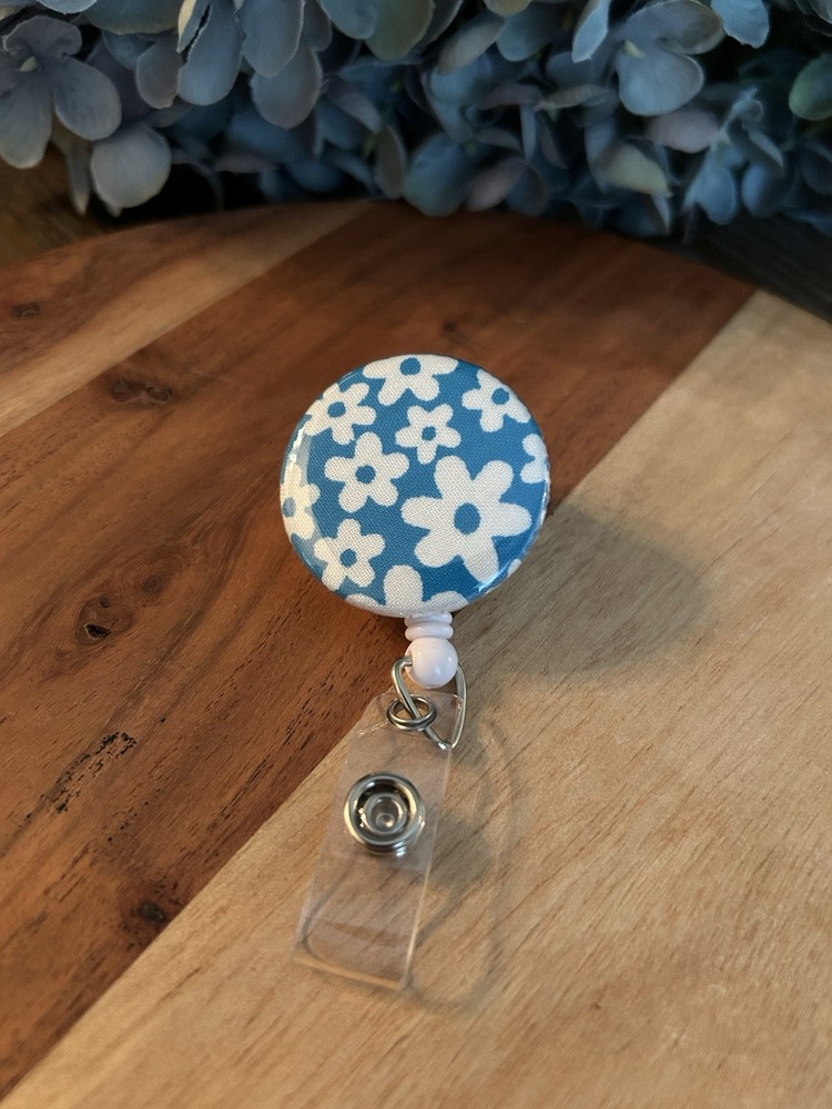 Teal Blue & White flowers Retractable ID Name Badge Holder Reel alligator teach