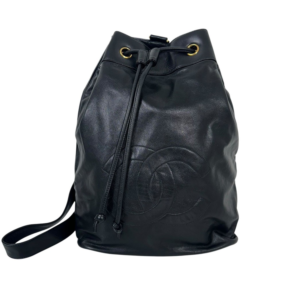CHANEL COCO Mark Drawstring Shoulder Bag Black Lamb Leather Pre-Owned Authentic