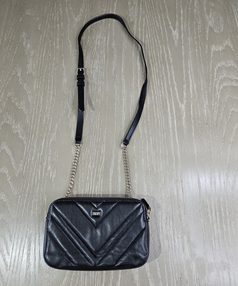 DKNY Black Leather Quilted Crossbody Handbag Purse
