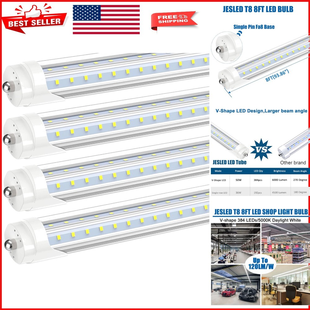 High Output 8FT LED Tubes 4-Pack - 50W, 5000K, Perfect for Garage and Workshop