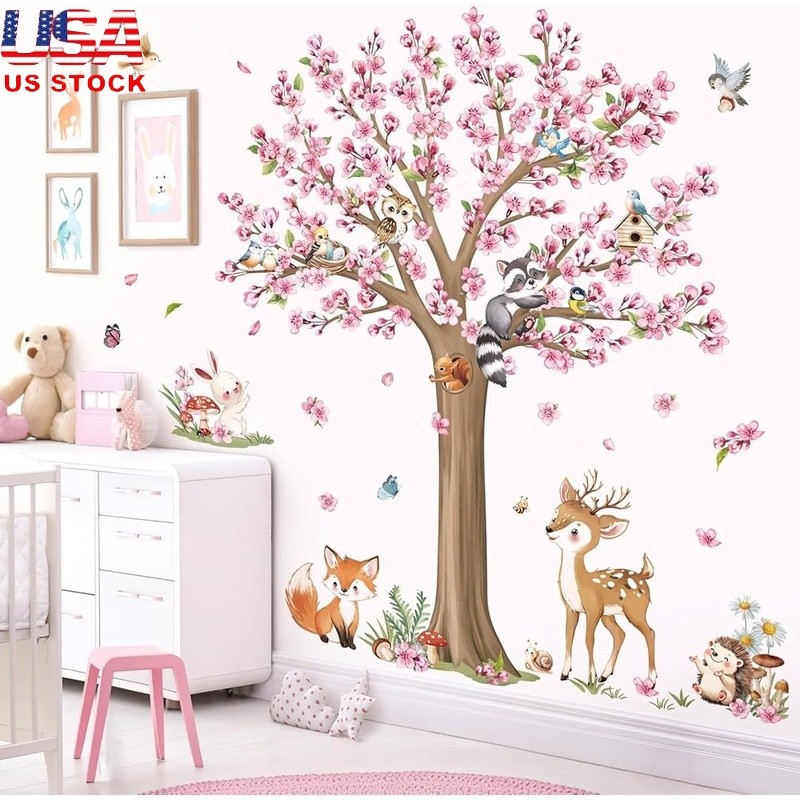 Pink Blossom Animal Tree Wall Stickers Removable Waterproof Art Decor Kids Room